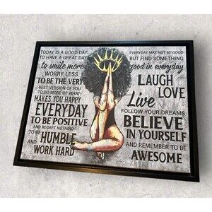 African Black Queen Today Is A Good Day Grey Canvas Framed In Shadow Box 12”x13”